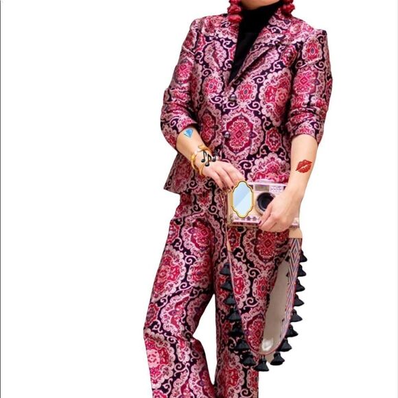 kate spade Red Runway Medallion Jacquard Pantsuit Blazer Size 2 Trousers Size 0 - Picture 1 of 16